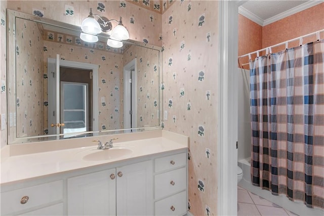 full bathroom with toilet, ornamental molding, vanity, shower / bath combination with curtain, and tile patterned flooring