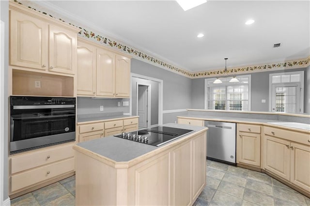 kitchen with hanging light fixtures, a center island, black electric stovetop, stainless steel dishwasher, and wall oven