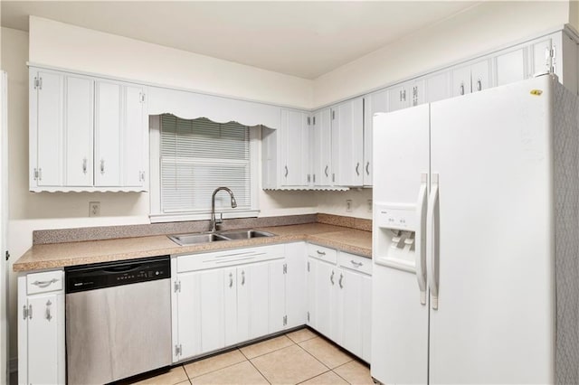 kitchen featuring white cabinetry, stainless steel dishwasher, white refrigerator with ice dispenser, and sink