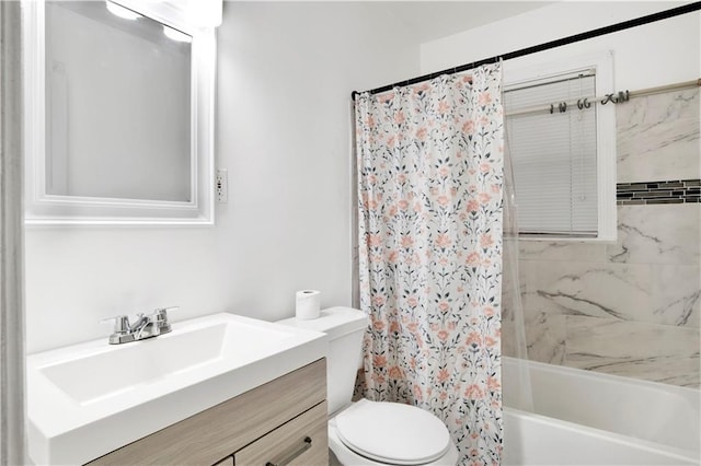 full bathroom featuring vanity, shower / bathtub combination with curtain, and toilet