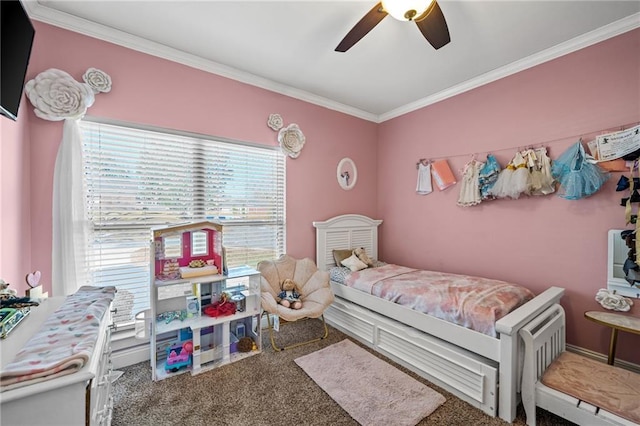 bedroom with ceiling fan, ornamental molding, and carpet