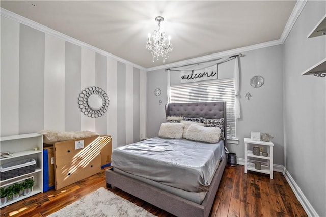 bedroom featuring an inviting chandelier, crown molding, and dark wood-type flooring