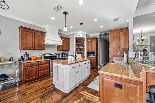 kitchen with sink, white cabinets, custom exhaust hood, kitchen peninsula, and stainless steel appliances