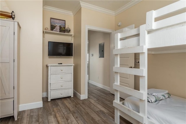 bedroom featuring crown molding, electric panel, and dark wood-type flooring