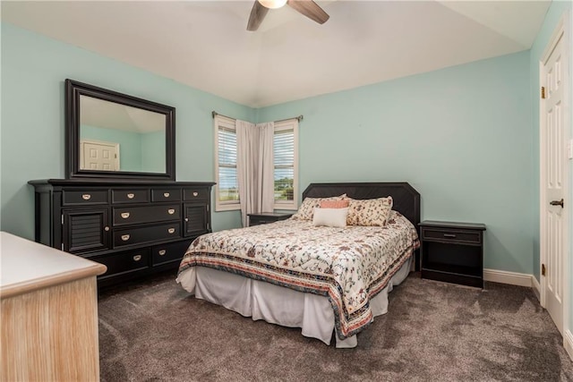 528 Lemoyne Dr Unit 2C, Dauphin Island, AL 36528 - bedroom with dark carpet, a ceiling fan, and lofted ceiling