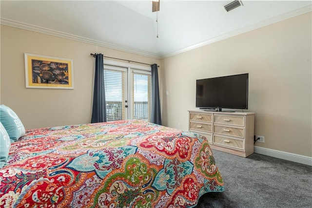 528 Lemoyne Dr Unit 2C, Dauphin Island, AL 36528 - carpeted bedroom featuring access to outside, ornamental molding, and ceiling fan