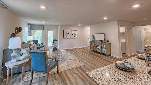 living room with light hardwood / wood-style floors and washer / dryer