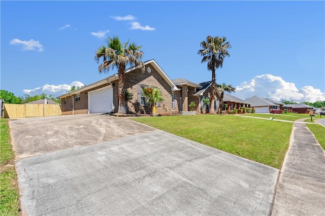 ranch-style house with a front yard and a garage