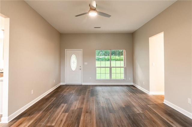 entrance foyer with ceiling fan and dark hardwood / wood-style floors