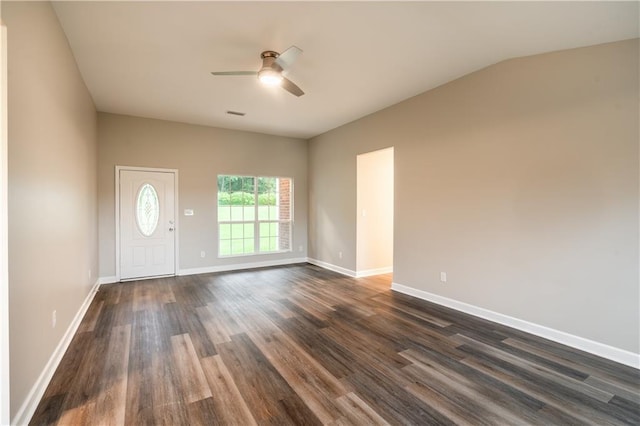 foyer with lofted ceiling, ceiling fan, and dark hardwood / wood-style floors