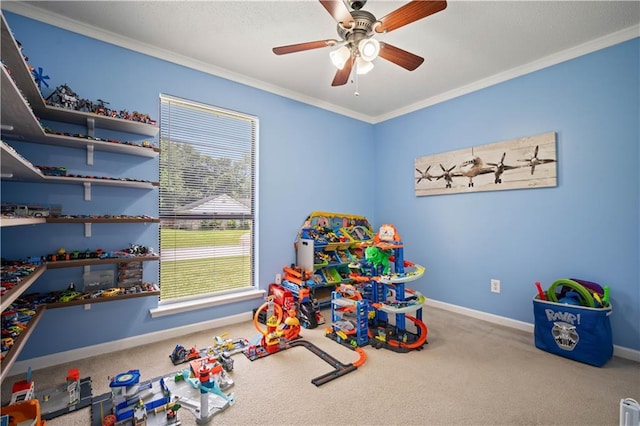 1120 Abilene Dr W, Mobile, AL 36695 - game room with ornamental molding, carpet flooring, and ceiling fan