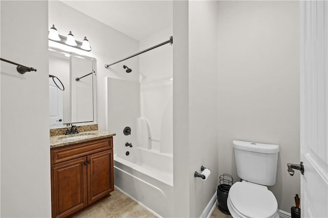 full bath with toilet, tile patterned floors, tub / shower combination, and vanity