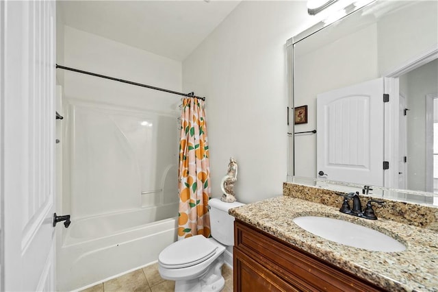 full bathroom with toilet, shower / tub combo, tile patterned floors, and vanity