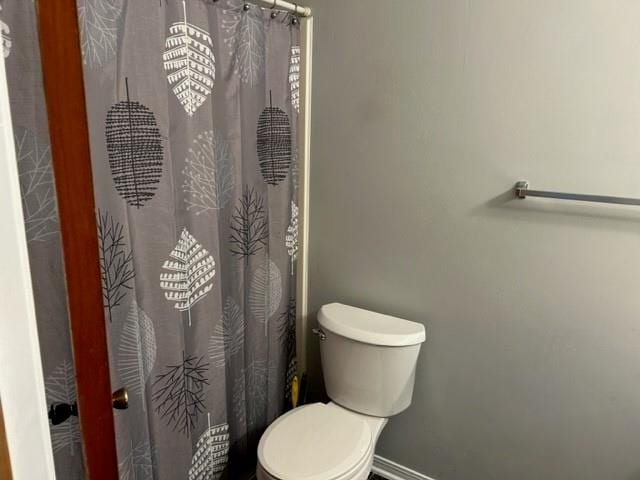 bathroom with toilet and a shower with shower curtain