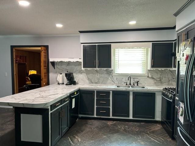 kitchen featuring black appliances, sink, ornamental molding, kitchen peninsula, and decorative backsplash