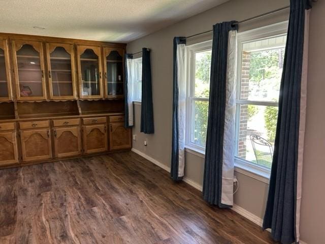 unfurnished dining area with dark wood-type flooring and a textured ceiling