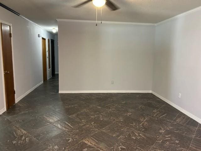 unfurnished room featuring ceiling fan and ornamental molding