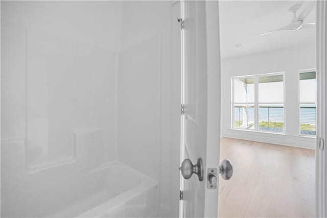 bathroom featuring wood finished floors and tub / shower combination