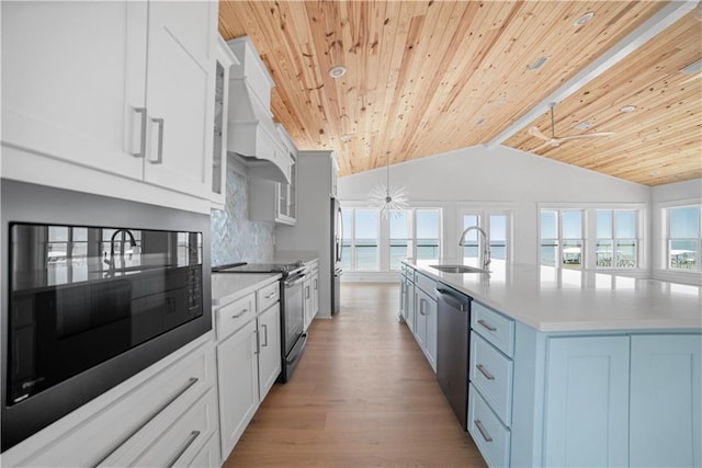 kitchen with wooden ceiling, a sink, stainless steel appliances, healthy amount of natural light, and light countertops