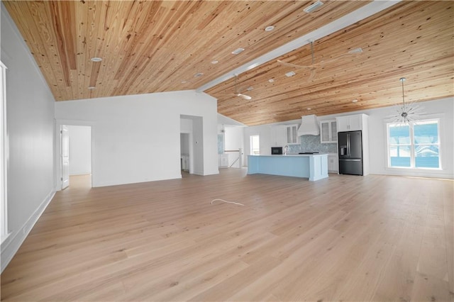 unfurnished living room featuring vaulted ceiling, light wood-style flooring, and wooden ceiling