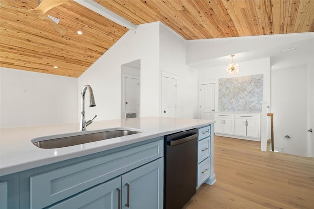 2626 Bridgeview Dr, Dauphin Island, AL 36528 - kitchen featuring stainless steel dishwasher, wooden ceiling, lofted ceiling, light wood-type flooring, and light countertops