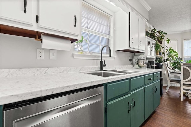 kitchen featuring ornamental molding, sink, dishwasher, white cabinetry, and green cabinets