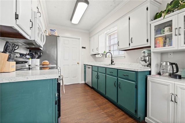 kitchen with crown molding, sink, dishwasher, white cabinetry, and green cabinets