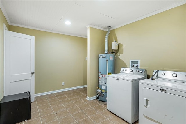 laundry room with gas water heater, light tile patterned floors, crown molding, and independent washer and dryer