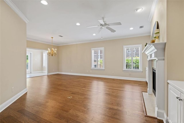 6645 Somerby Ln, Mobile, AL 36695 - unfurnished living room featuring ornamental molding, a chandelier, wood finished floors, a fireplace with flush hearth, and a ceiling fan