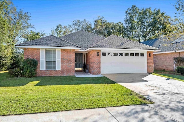 single story home featuring driveway, a front yard, and brick siding