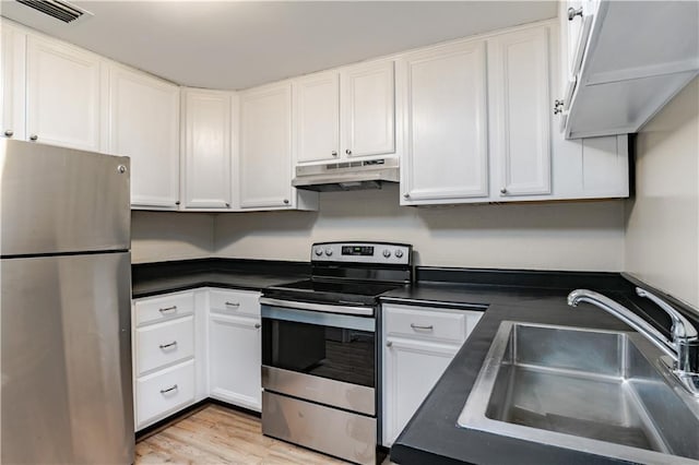 kitchen featuring white cabinetry, sink, light hardwood / wood-style floors, and appliances with stainless steel finishes