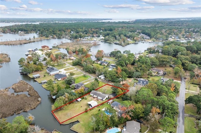 aerial view featuring a water view