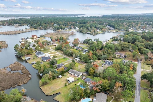 drone / aerial view with a water view