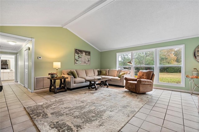 tiled living room featuring a textured ceiling, vaulted ceiling with beams, and ornamental molding