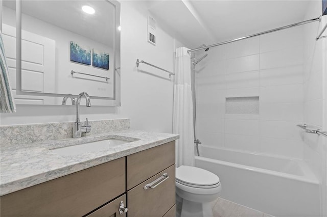 1051 Beach Blvd W Unit 9B, Gulf Shores, AL 36542 - bathroom with vanity, shower / bathtub combination with curtain, tile patterned flooring, and recessed lighting