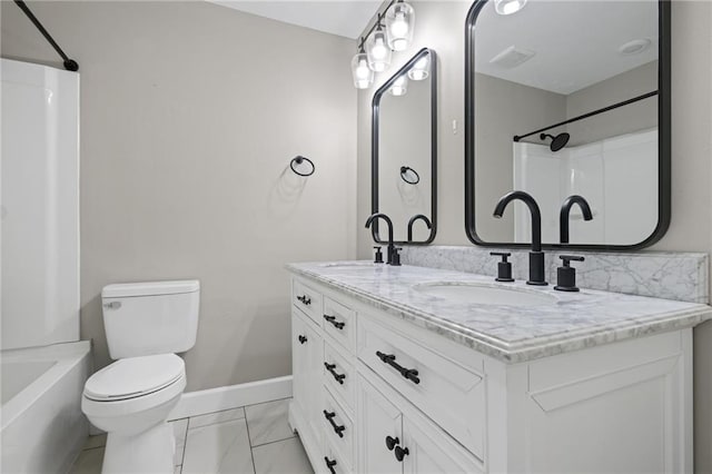 full bathroom with shower / tub combination, vanity, and toilet