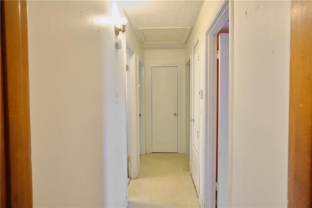 hall with a textured ceiling and light tile patterned floors