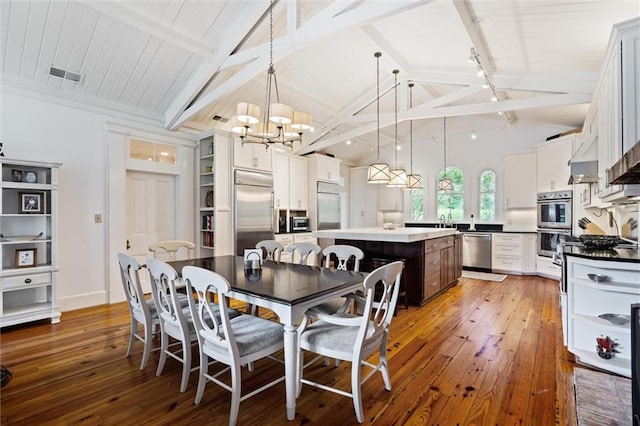 dining space featuring sink, vaulted ceiling with beams, a chandelier, and dark hardwood / wood-style floors