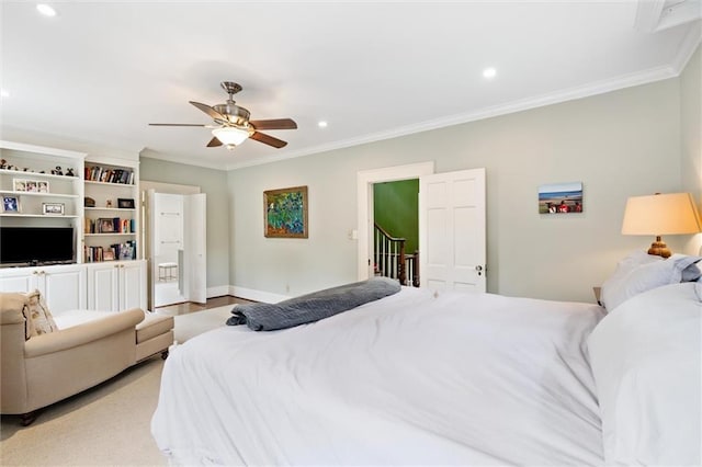 bedroom featuring crown molding and ceiling fan