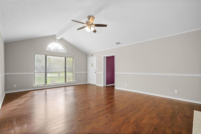 empty room with lofted ceiling with beams, ceiling fan, and dark wood-type flooring