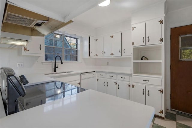 kitchen with dishwasher, range with electric cooktop, white cabinetry, and sink