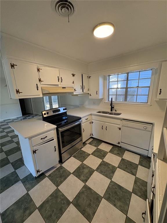 kitchen featuring dishwasher, white cabinets, stainless steel range with electric stovetop, and sink