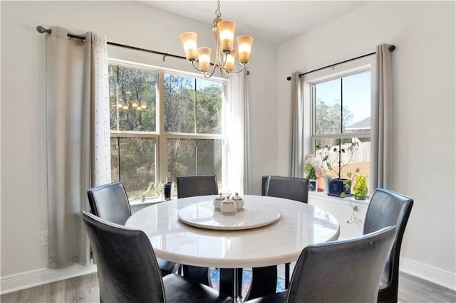 dining room with wood-type flooring and a notable chandelier