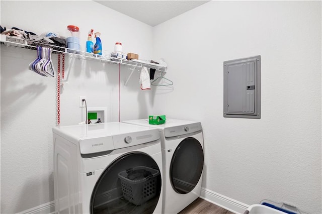 laundry area with washer and dryer, electric panel, and dark hardwood / wood-style floors