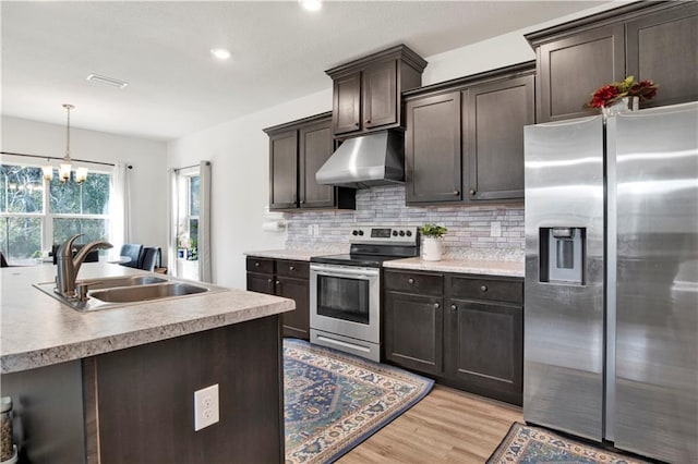 kitchen featuring dark brown cabinetry, sink, backsplash, and stainless steel appliances