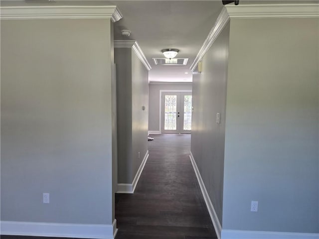 2253 Downs Ct, Mobile, AL 36617 - hallway featuring french doors, baseboards, wood finished floors, visible vents, and ornamental molding