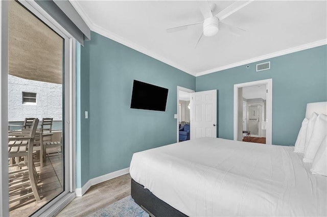 bedroom with crown molding, access to exterior, visible vents, and light wood-style flooring