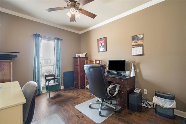 9106 Labrador Trl S, Theodore, AL 36582 - home office featuring crown molding, a ceiling fan, baseboards, and wood finished floors