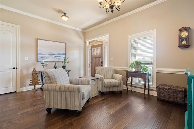 9106 Labrador Trl S, Theodore, AL 36582 - sitting room featuring an inviting chandelier, baseboards, ornamental molding, and dark wood finished floors