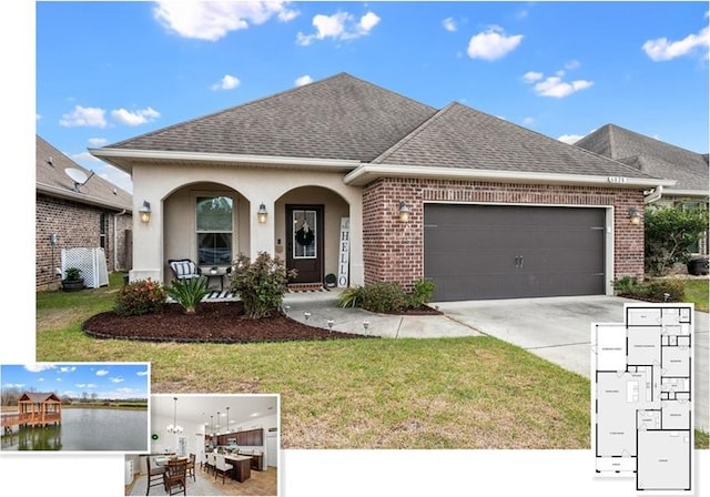 view of front of property featuring covered porch, driveway, brick siding, and a shingled roof